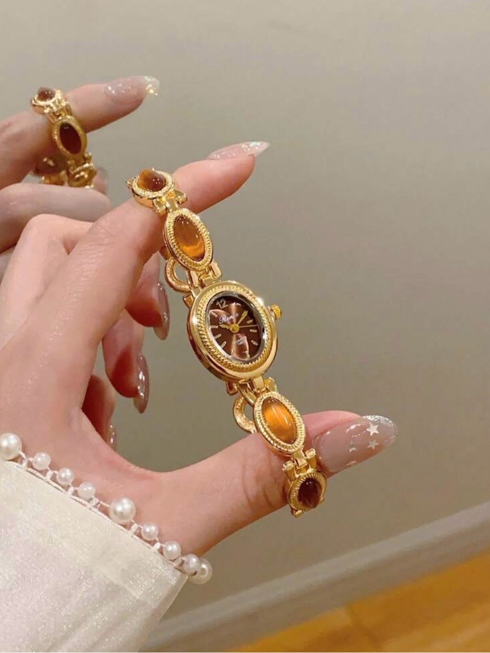 Gold-Tone Women's Bracelet Watch with Amber Accents